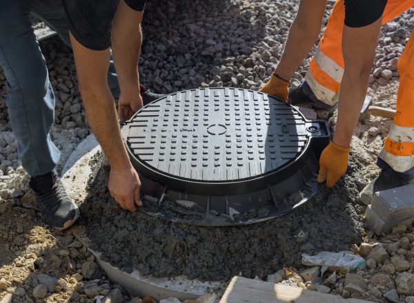 A cast iron sewer hatch is being installed in a concrete well, in preparation for the installation